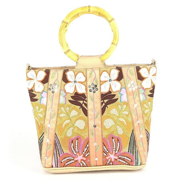NWOT RARE Bueno Floral Embroidered Sequins Bamboo Handles Boho Satchel - Picture 1 of 11